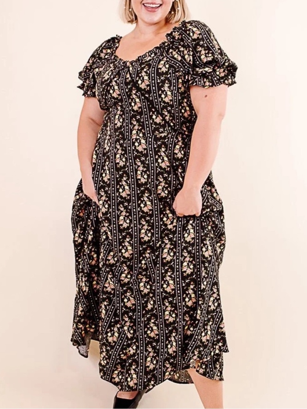 Ivy City Co Charlotte Dress Black Floral Stripe Ruffle Sleeve Maxi Dress size 1X
